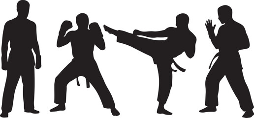 Black silhouettes demonstrate karate stances including sparring, blocking, kicking, and fighting poses isolated on white