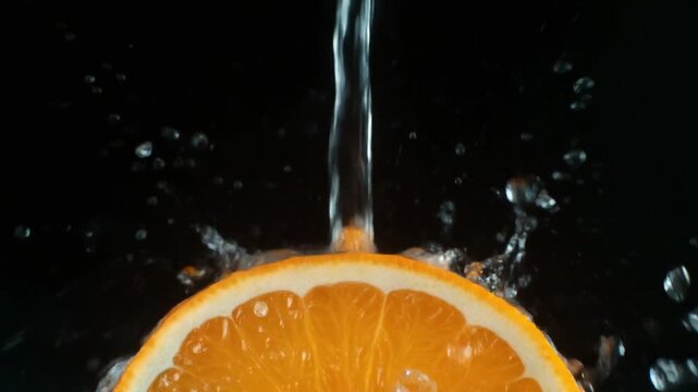 A super slow-motion macro shot of a stream of water splashing dramatically onto a vibrant, fresh orange slice, creating a crown-like spray against a black background.