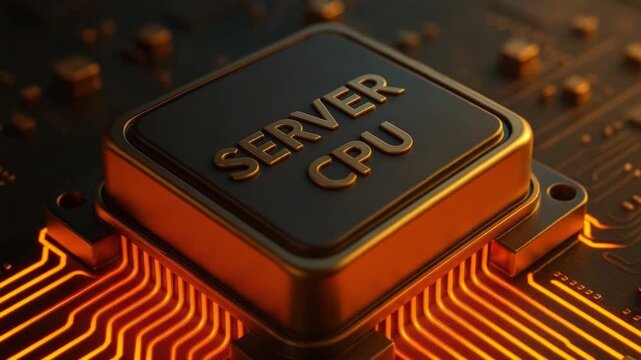 Server CPU microchip close up glowing circuit board with detailed electronic processor and computer hardware, showcasing advanced technology and high performance computing innovation warm orange light