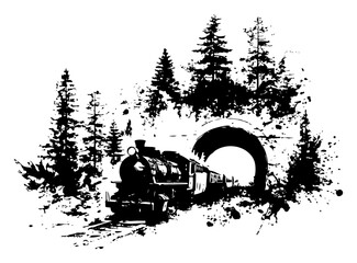 Grunge vector silhouette of steam train locomotive emerging from tunnel in pine forest Black ink blot illustration of railway journey © UrbanDruid