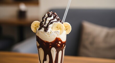 Delicious banana split milkshake with chocolate syrup and whipped cream.