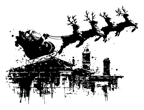 Santa Claus flying in sleigh with reindeer over city rooftops. Christmas Eve grunge distressed vector illustration