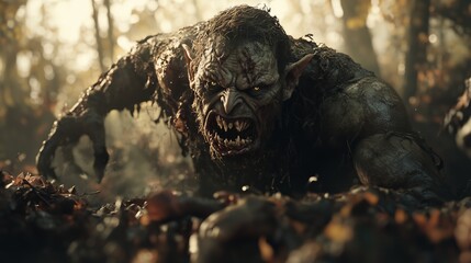 A frightening powerful goblin warrior emerges from misty forest, decaying flesh and menacing expression amplifying horror and desolation. Eerie woodland setting enhances the chilling atmosphere.