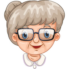 Stylized Portrait of a Cheerful Elderly Woman with Gray Hair and Glasses Smiling Gently Against a Transparent Background Full of Detail and Personality