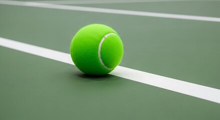 Vibrant tennis ball resting on the baseline of a pristine tennis court