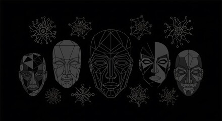 Collection of abstract geometric wireframe masks on a dark background.