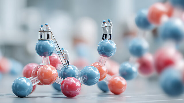Miniature Scientists in Lab Coats Exploring a Giant Blue and Red Molecule