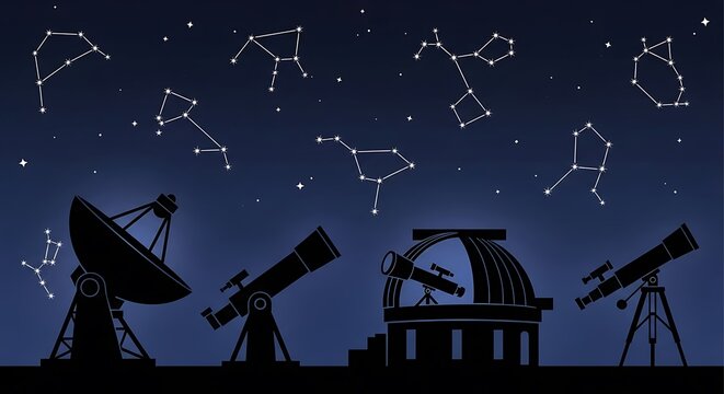 Observatory and Telescopes Under Starry Night Sky with Constellations.