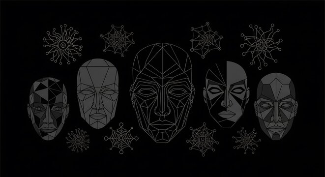 Collection of abstract geometric wireframe masks on a dark background.