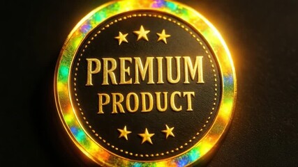 Premium product label featuring golden embossed text with colorful shiny holographic and glowing borders on dark background, symbolizing luxury quality packaging and premium branding design excellence