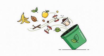 Composting process illustration with organic waste and green bin, eco-friendly concept.