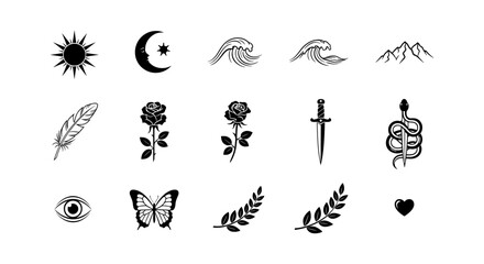 Minimalist icon collection featuring nature, symbols, and celestial elements