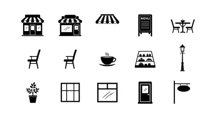 Cafe icons set featuring chairs, menu board, coffee cup and bakery display in silhouette style