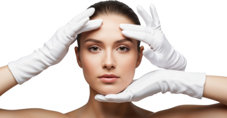 Woman's face with white gloved hands gently touching her forehead and chin White Gloves Beauty Skincare transparent background