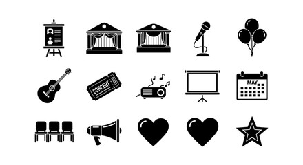 Silhouette icons of concerts, events, and music elements for event planning