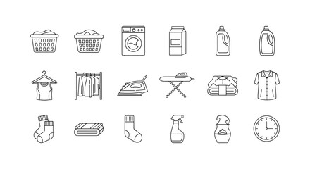 Household laundry icons: minimalist line art set for cleaning and organization