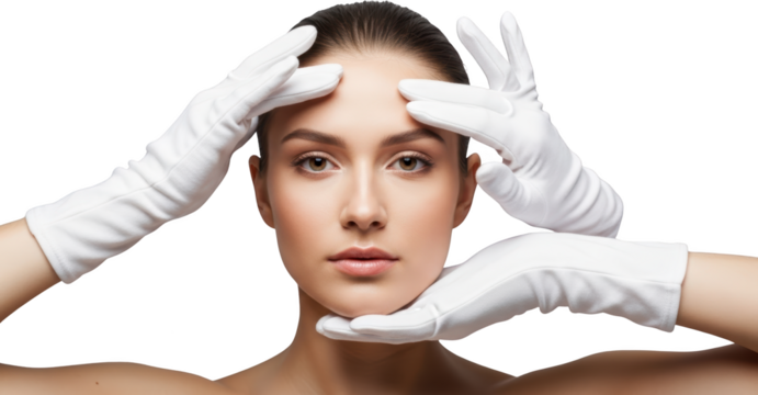 Woman's face with white gloved hands gently touching her forehead and chin White Gloves Beauty Skincare transparent background