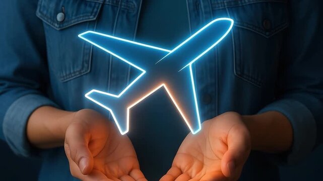 Airplane icon glowing hands with denim jacket, symbolizing travel and aviation concept featuring warm light and dark background, glowing airplane icon floating above hands with aviation flight concept