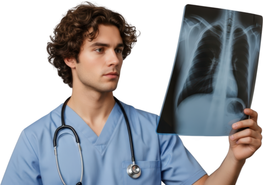 A young male doctor in scrubs holding and examining a chest x ray image Medical Healthcare Patient Xray transparent background