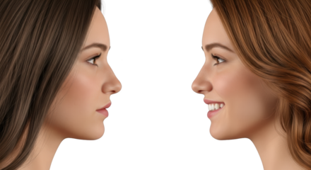 Two young women's profile views facing each other one smiling broadly isolate beauty youth portrait human