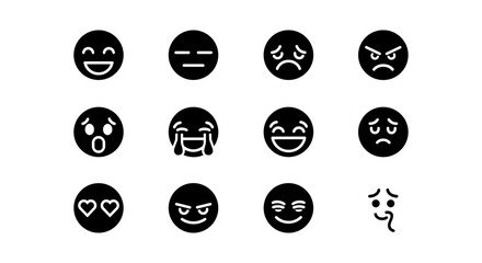 Simple black emoji collection: expressive faces displaying a wide range of emotions