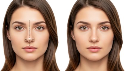 Close up of a young woman's face showing before and after cosmetic surgery on her nose with dashed surgical lines transparent background