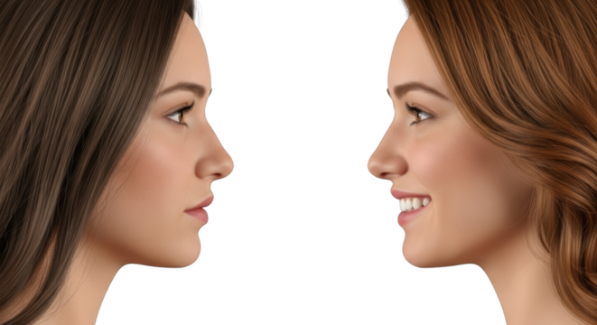 Two young women's profile views facing each other one smiling broadly isolate beauty youth portrait human