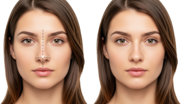 Close up of a young woman's face showing before and after cosmetic surgery on her nose with dashed surgical lines transparent background
