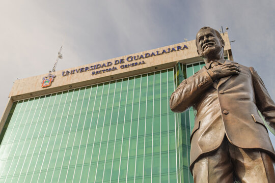 Guadalajara, Mexico &ndash; January 12, 2025: Statue of Raul Padilla Lopez in front of Universidad de Guadalajara main building