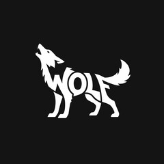 A stylized white wolf silhouette with the word "WOLF" integrated into its form, howling.