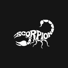 A white scorpion logo made from the letters of the word 'scorpion' on a black background.