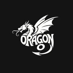 Dragon logo with text, white on black background, vector illustration.
