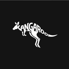 A white silhouette of a kangaroo formed by the word KANGAROO against a black background.