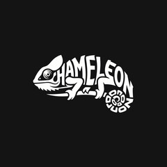 A creative typographic logo featuring the word "CHAMELEON" forming the shape of a chameleon on a black background.