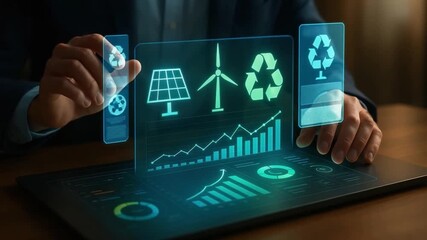 Renewable energy technology featuring solar panel, wind turbine, and recycling displayed on futuristic digital interface with data analytics and growth charts for sustainable energy concept - Powered by Adobe