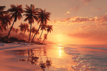 Vibrant Tropical Sunset over Palm Tree Beach with Ocean Waves