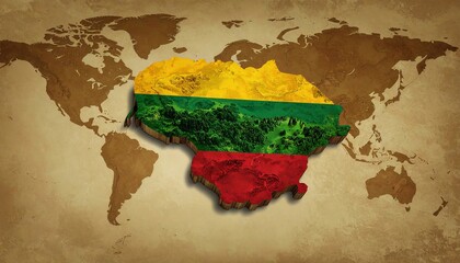Lithuania flag colors overlay a textured world map, blending national pride with global context. Vintage-style backdrop emphasizes historical and cultural significance.