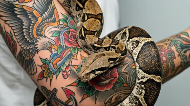 Man handling python snake coiled around tattooed arm. Reptile wrapping on colorful ink with wings and roses. Exotic pet interaction in closeup view. video footage video footage