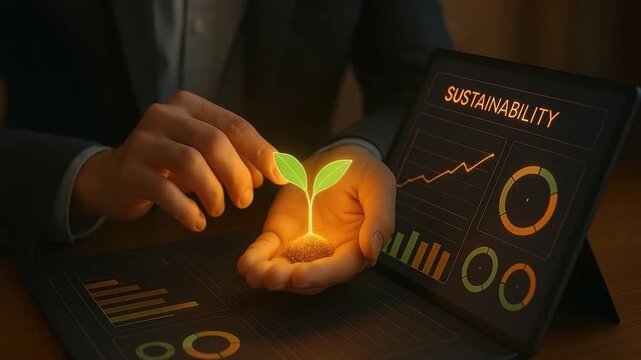 Sustainability concept showing hands nurturing glowing seedling with digital tablet displaying growth charts and eco friendly technology driving business and environmental progress in dark setting