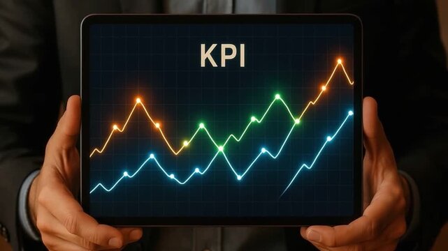 KPI performance chart on digital tablet displaying colorful glowing line graph with data points for business analytics, showcasing business growth and financial performance analysis in dark background