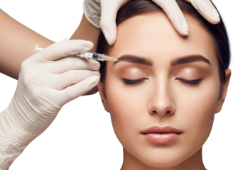 Woman receiving cosmetic injection to eyebrow area by gloved hand close up on face isolate beauty treatment