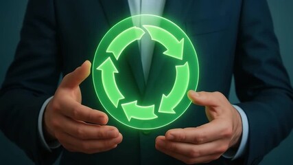 Green recycling symbol with glowing circular arrows held by hands representing sustainability, eco friendly environmental protection, energy saving, and circular business concept for lasting impact