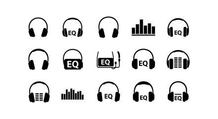 Headphones and equalizer icons set in minimalist silhouette style