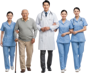 A doctor and two nurses assist an elderly man walking with a cane medical healthcare senior patient woman transparent background