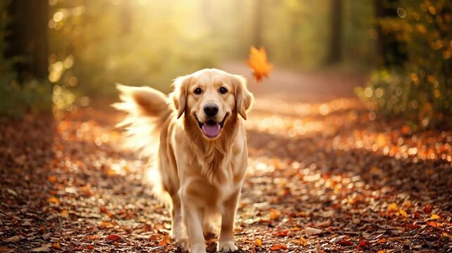 Golden retriever dog sits then runs along autumn forest path. Happy pet enjoys fall walk in golden sunlight amid colorful leaves. video footage video footage