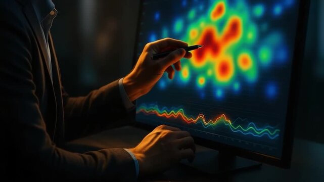 Heatmap data visualization and business analytics with colorful digital screen graphs displaying statistics and technology trends on touchscreen in modern office environment for advanced data analysis - Powered by Adobe