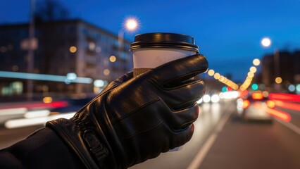 Gloved hand holding takeaway coffee cup on city street at night with traffic lights