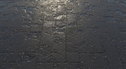Wet Stone Pavement Reflecting Light in the Dark.