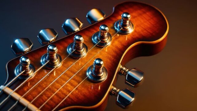 Guitar headstock with tuning pegs and strings warm lighting showcasing wood grain texture and metal details close up view featuring brown musical instrument elements and metallic tuning pegs wood