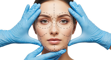 Close up of a young woman's face with dotted lines indicating surgical procedures held by gloved hands transparent background